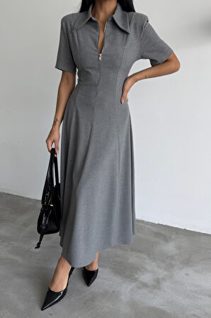 Modavera POLYVİSKON ELBİSE KISA KOL YAKA VE FERMUAR DETAYLI - Gri