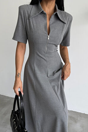 Modavera POLYVİSKON ELBİSE KISA KOL YAKA VE FERMUAR DETAYLI - Gri