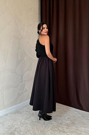 Modavera Siyah Beli Büzgülü Etek