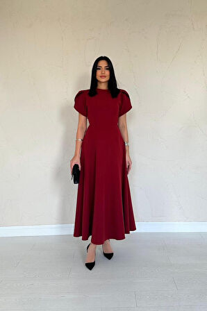 Modavera Bordo Arkası Fiyonk Garnili Britli Elbise