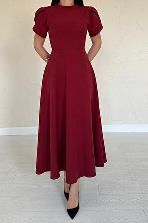 Modavera Bordo Arkası Fiyonk Garnili Britli Elbise