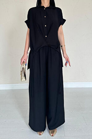 Modavera Siyah Önü Pileli İkili Keten Takım