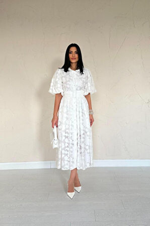 Modavera Ekru Kemerli Balon Kollu Elbise