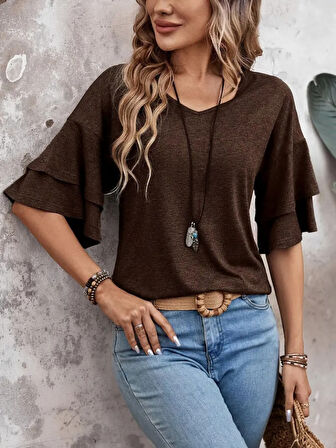 Modavera Kadın Kısa Kollu V Yakalı Viskon Bluz