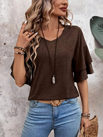 Modavera Kadın Kısa Kollu V Yakalı Viskon Bluz