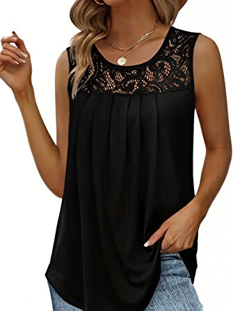 Modavera Kadın Askılı Yuvarlak Yaka Dantel Detaylı Viskon Bluz