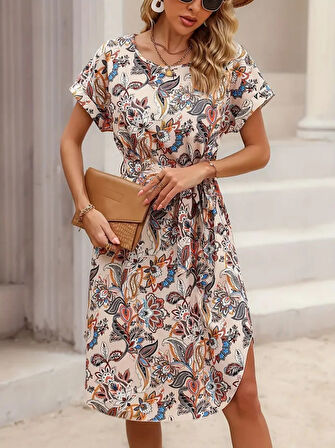 Modavera Kadın Kısa Kollu Bisiklet Yaka çiçek Desenli Kuşaklı Süprem Midi Elbise
