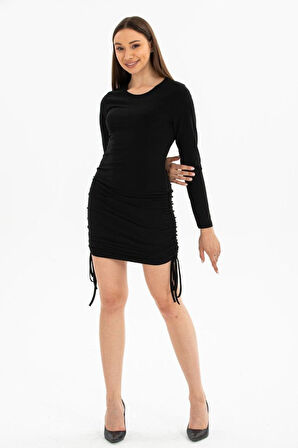 Modavera Kadın Uzun Kol Büzgü Detaylı Sandy Kumaş Ayarlanabilir Boy Fırsat Ürün Elbise