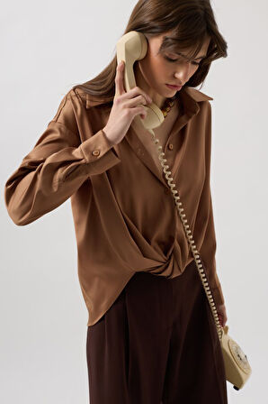 Modavera Bel Büzgülü Crop Saten Gömlek