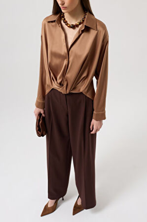 Modavera Bel Büzgülü Crop Saten Gömlek