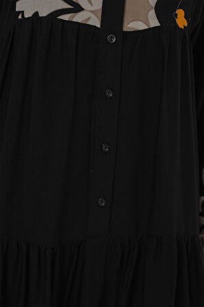 Modavera 2423 Otantik Desenli Tesettür Elbise - Siyah 6