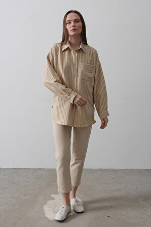 Modavera Çizgili Tek Cep Gömlek - Taş