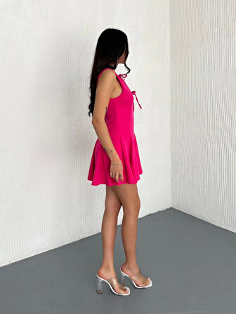 Modavera Göğüs Bağlamalı Kolsuz Mini Boy Elbise - Pembe