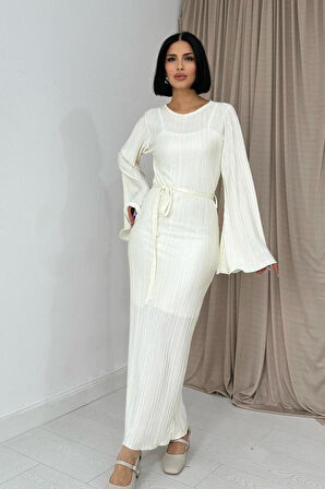 Modavera Ekru İspanyol Kol Piliseli Elbise