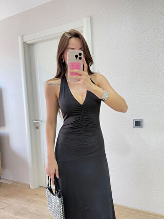 Modavera Sırt Dekolteli Uzun Kollu Elbise - Siyah