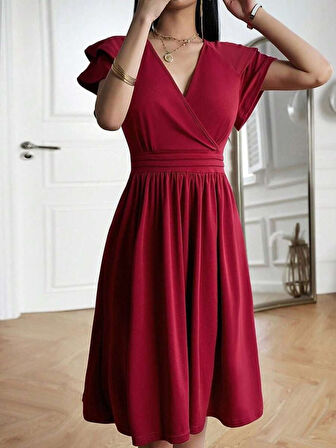 Modavera Kadın Kısa Fırfır Kollu Kruvaze Yakalı Kiloş Janjan Krep Elbise