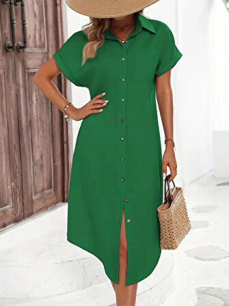 Modavera Kadın Kısa Kollu Yakalı Düğme Detay Midi Dokuma Elbise