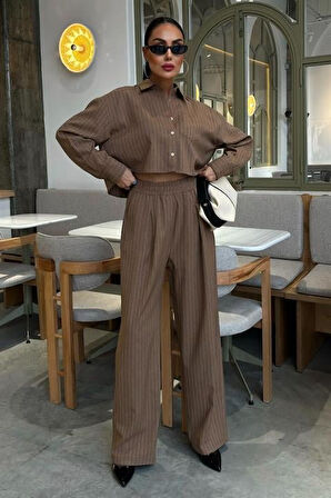 Modavera Crop Gömlekli Çizgili Takım 10080