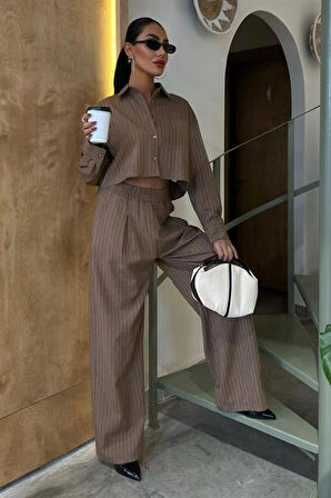 Modavera Crop Gömlekli Çizgili Takım 10080