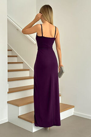 Modavera Kadın Dalgıç Kumaş V Yaka Yırtmaç Detaylı Maxi Boy Elbise