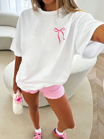 Modavera Fiyonk Baskılı Oversize Bisiklet Yaka T-shirt - Beyaz