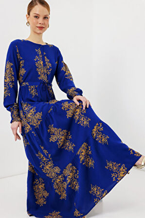 Modavera 2145 Desenli Tesettür Elbise - Saks