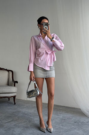 Modavera ÇİZGİLİ POPLİN KRUVAZE BAĞLAMALI GÖMLEK - Pembe