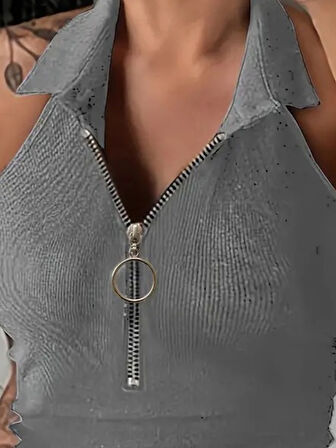 Modavera Kadın Kolsuz Polo Yaka önü Fermuarlı Kaşkorse Bluz