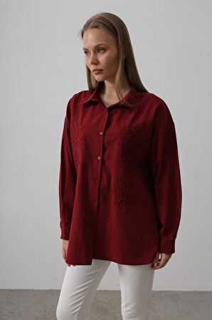Modavera Boncuk Nakış Detaylı Uzun Gömlek - Bordo
