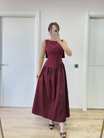 Modavera Arkası Kanatlı Uzun Elbise- Bordo