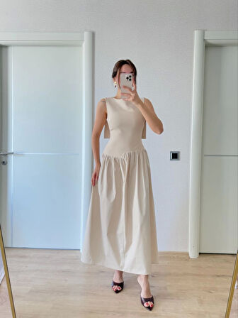 Modavera Arkası Kanatlı Uzun Elbise- Bej