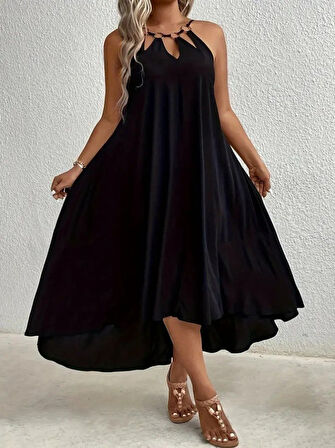 Modavera Kadın Boyundan Askılı Damla Detaylı Halkalı Asimetrik Kesim Viskon Elbise