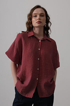 Modavera Yarım Balon Kol Çizgili Gömlek - Bordo