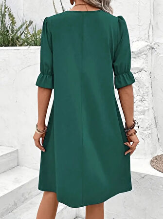 Modavera Kadın Kısa Kollu V Yakalı Salaş Janjan Krep Elbise