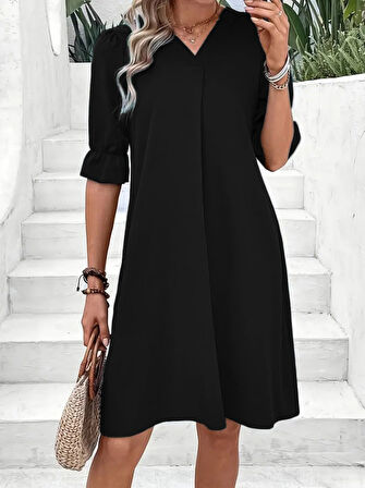 Modavera Kadın Kısa Kollu V Yakalı Salaş Janjan Krep Elbise