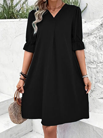 Modavera Kadın Kısa Kollu V Yakalı Salaş Janjan Krep Elbise