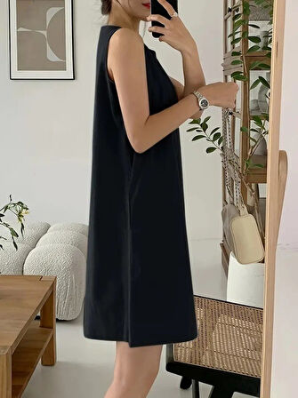 Modavera Kadın Askılı Sıfır Kol A Kesim Detaylı Ithal Krep Elbise