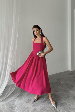 Modavera Fuşya Boyundan Bağlamalı Keten Elbise