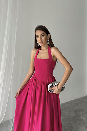 Modavera Fuşya Boyundan Bağlamalı Keten Elbise