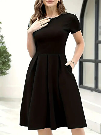 Modavera Kadın Kısa Kollu Bisiklet Yaka önden Pile Detaylı Janjan Krep Elbise