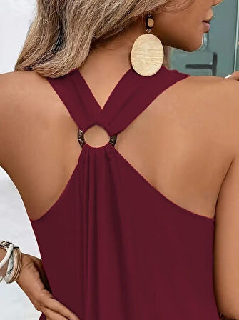 Modavera Kadın Askılı V Yakalı Halka Detaylı Maksi Boy Viskon Elbise