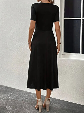 Modavera Kadın Kısa Kollu V Yakalı önden Düğmeli Yırtmaçlı Midi Viskon Elbise