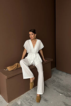 Modavera KETEN V YAKA BELDEN BAĞLAMALI BLUZ-PANTOLON TAKIM - Beyaz