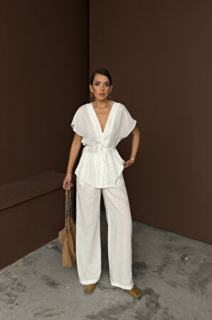 Modavera KETEN V YAKA BELDEN BAĞLAMALI BLUZ-PANTOLON TAKIM - Beyaz