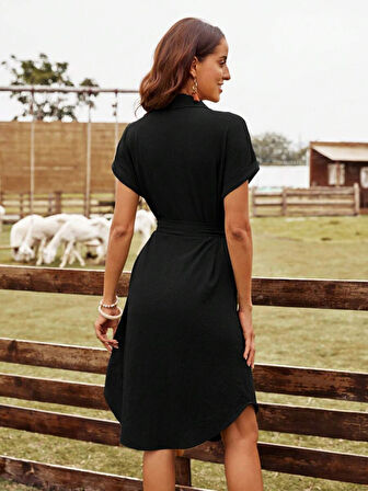 Modavera Kadın Kısa Kollu Yakalı önden Düğmeli Beli Kuşaklı Bürümcük Elbise