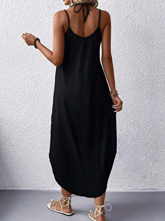 Modavera Kadın Askılı V Yakalı Desenli Uzun Viskon Elbise