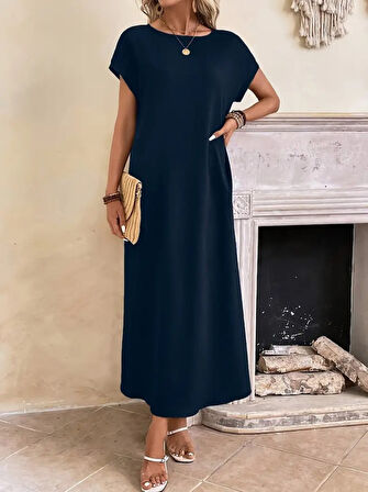 Modavera Kadın Uzun Kollu Yakası Açık Viskon Elbise