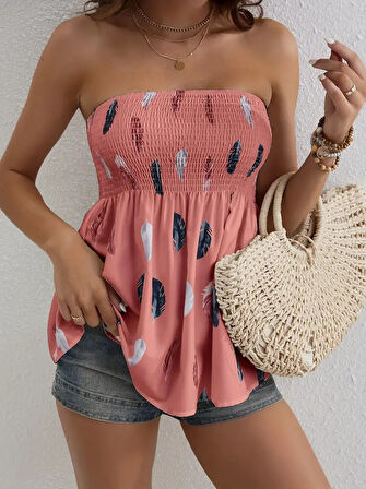 Modavera Kadın Yaprak Desenli Göğsü Gipeli Mosskrep Straplez Bluz