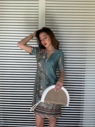 Modavera Kadın Kısa Kollu V Yakalı çiçek Baskılı Midi Süprem Elbise