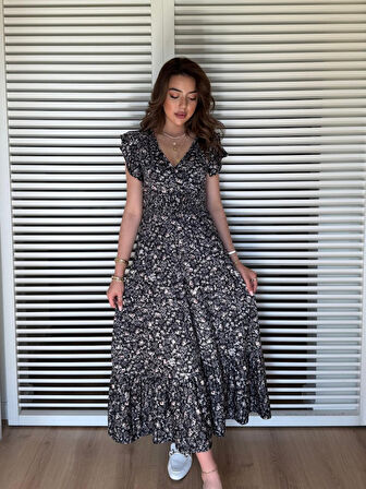 Modavera Kadın Kısa Kollu Kruvaze Yaka Beli Lastikli çiçek Desenli Elbise